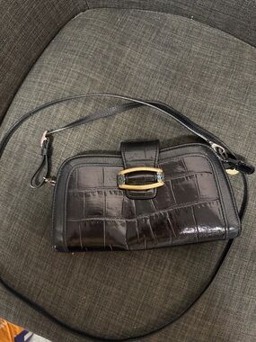 Brighton Black Croc-Embossed Crossbody with Gold Accent